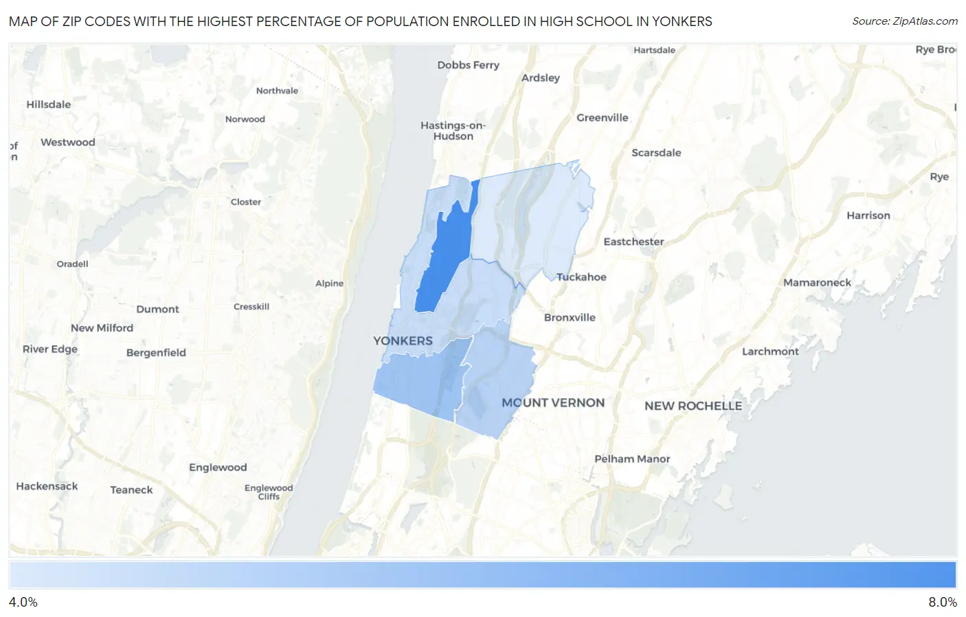 Zip Codes with the Highest Percentage of Population Enrolled in High School in Yonkers Map
