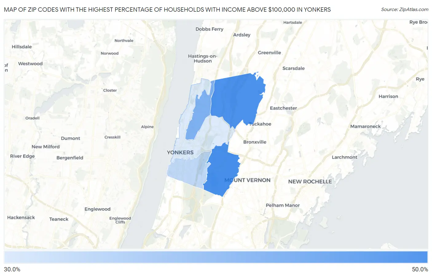 Zip Codes with the Highest Percentage of Households with Income Above $100,000 in Yonkers Map