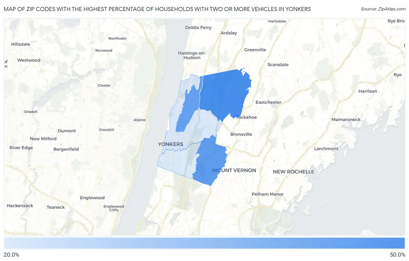Zip Codes with the Highest Percentage of Households With Two or more Vehicles in Yonkers Map