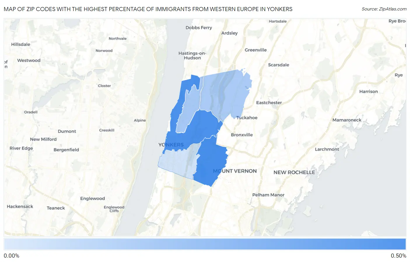 Zip Codes with the Highest Percentage of Immigrants from Western Europe in Yonkers Map