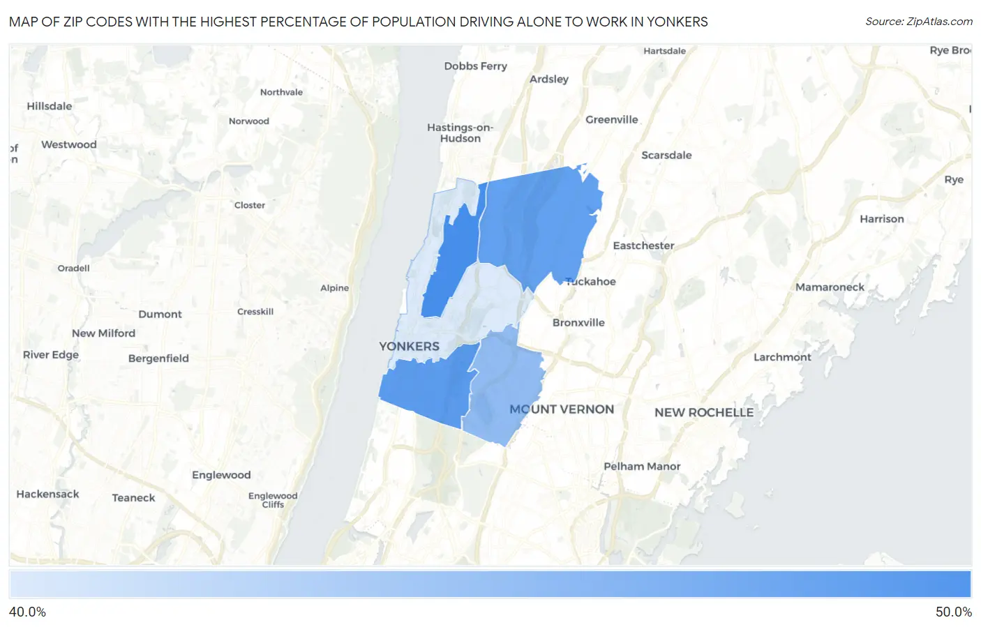 Zip Codes with the Highest Percentage of Population Driving Alone to Work in Yonkers Map
