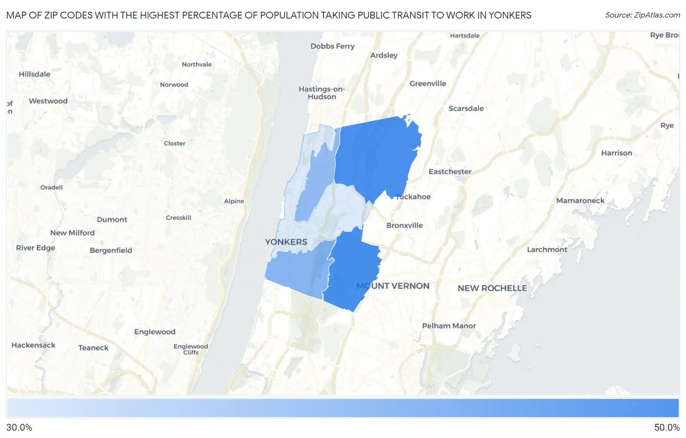 Zip Codes with the Highest Percentage of Population Taking Public Transit to Work in Yonkers Map