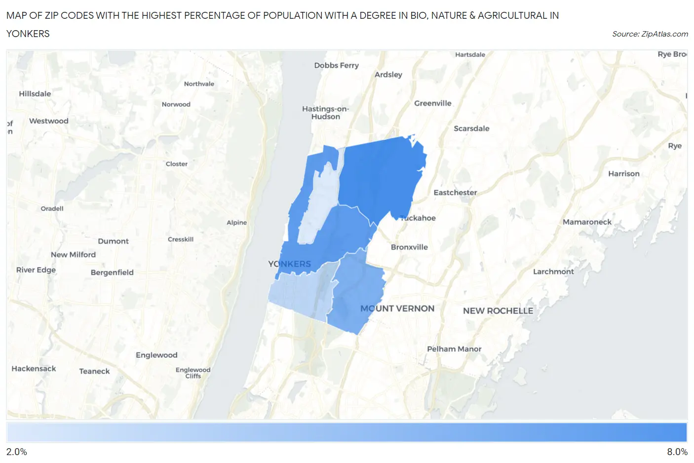Zip Codes with the Highest Percentage of Population with a Degree in Bio, Nature & Agricultural in Yonkers Map