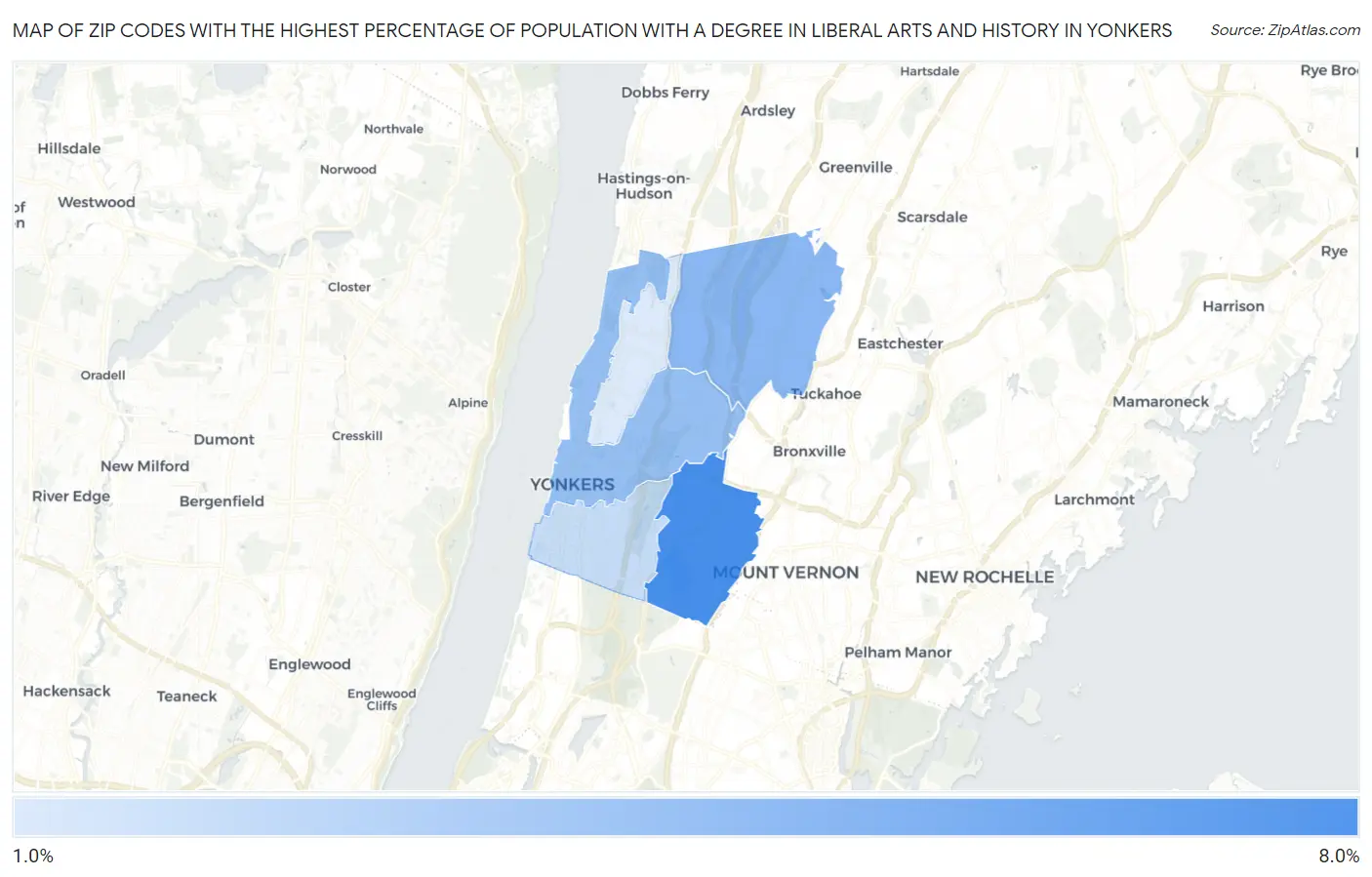 Zip Codes with the Highest Percentage of Population with a Degree in Liberal Arts and History in Yonkers Map