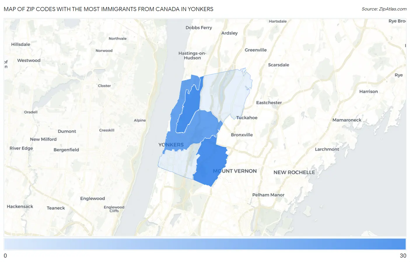 Zip Codes with the Most Immigrants from Canada in Yonkers Map