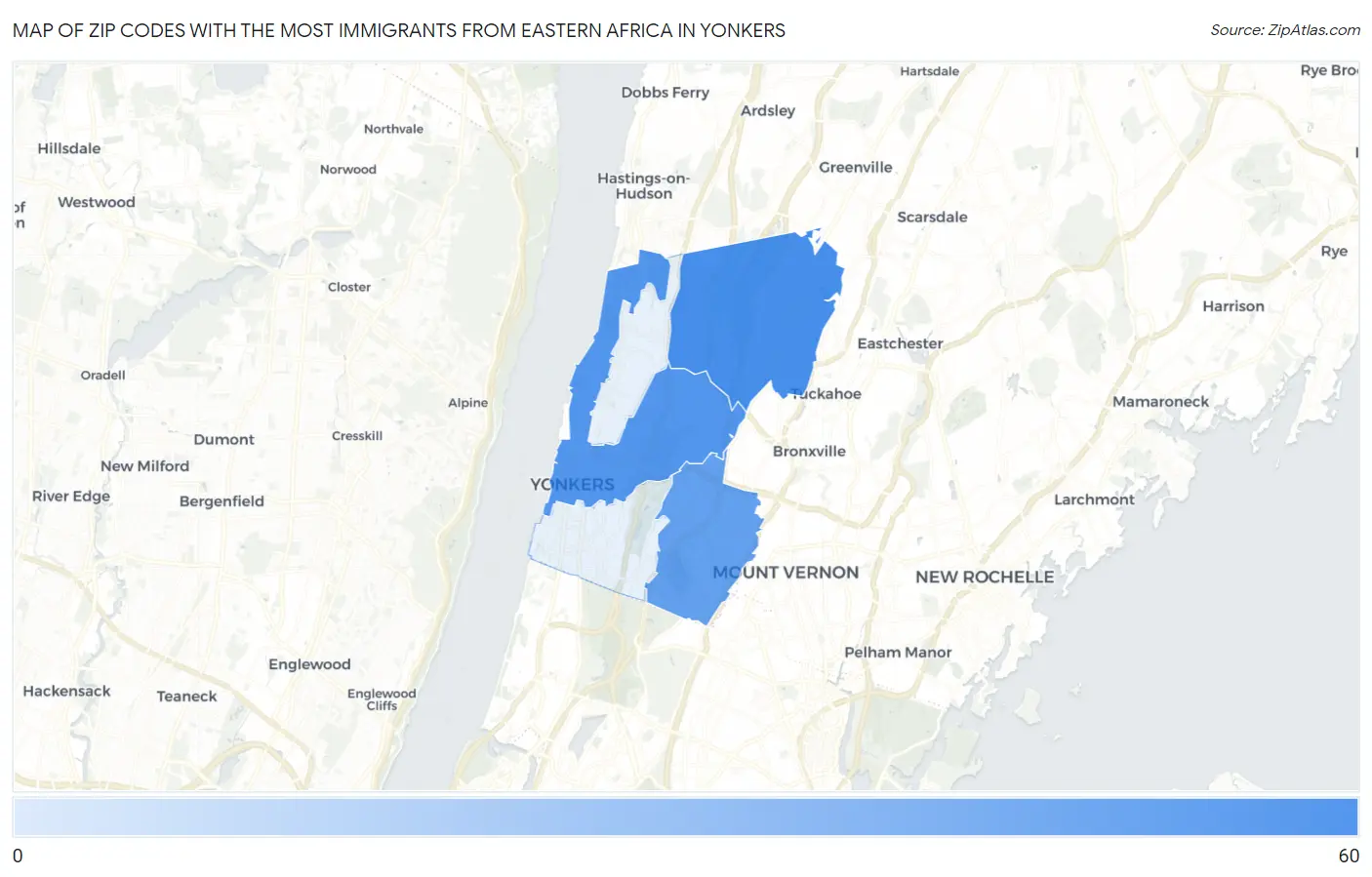 Zip Codes with the Most Immigrants from Eastern Africa in Yonkers Map