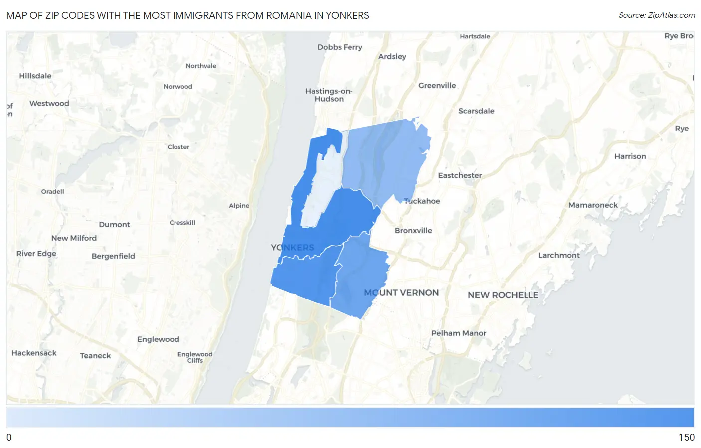 Zip Codes with the Most Immigrants from Romania in Yonkers Map