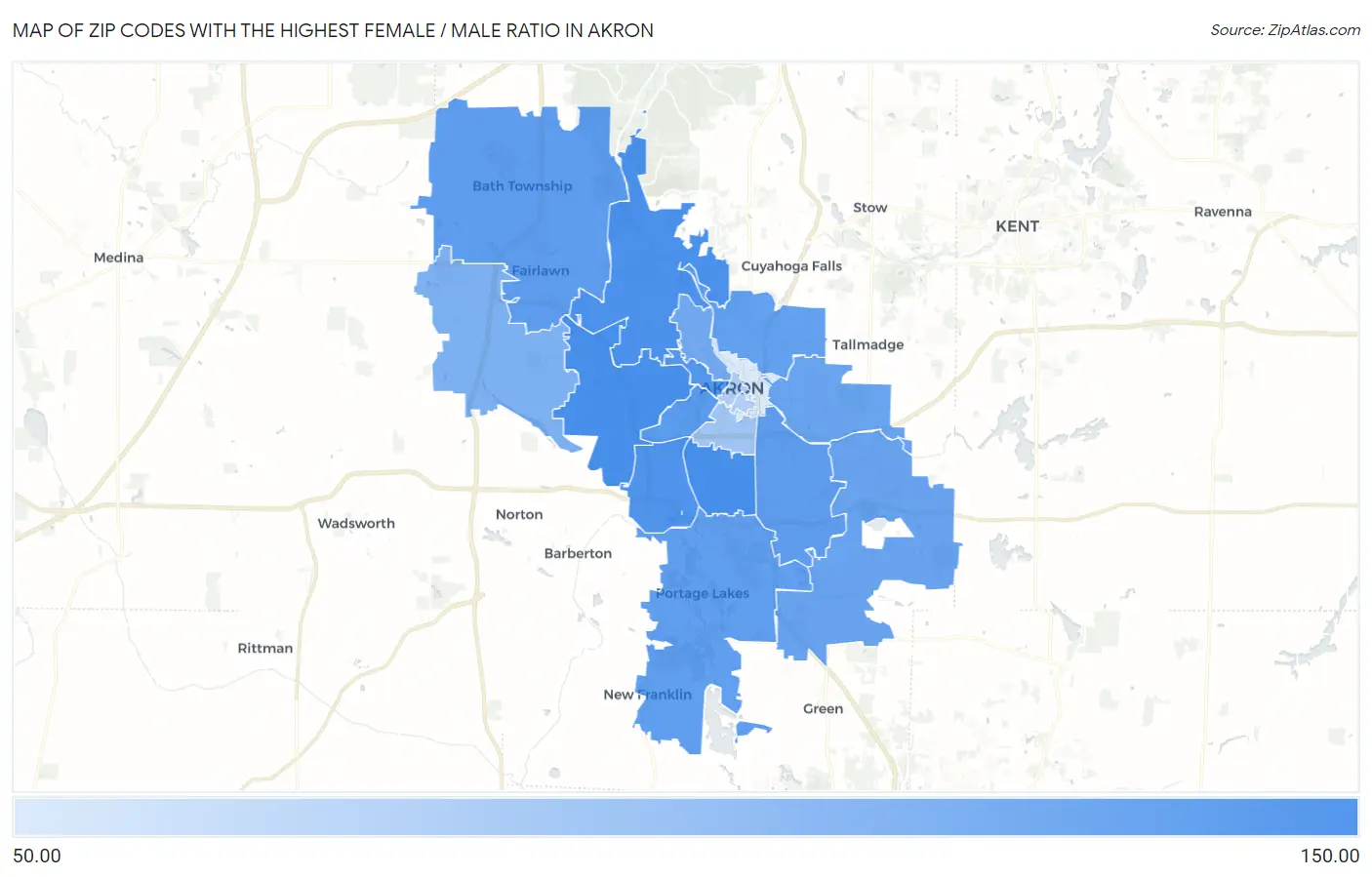 Zip Codes with the Highest Female / Male Ratio in Akron Map
