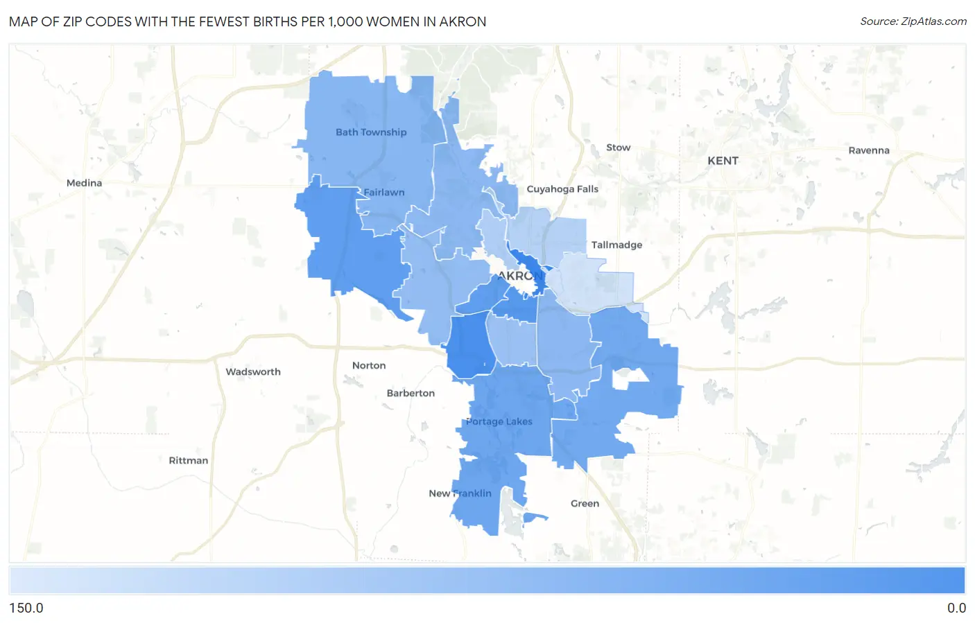 Zip Codes with the Fewest Births per 1,000 Women in Akron Map