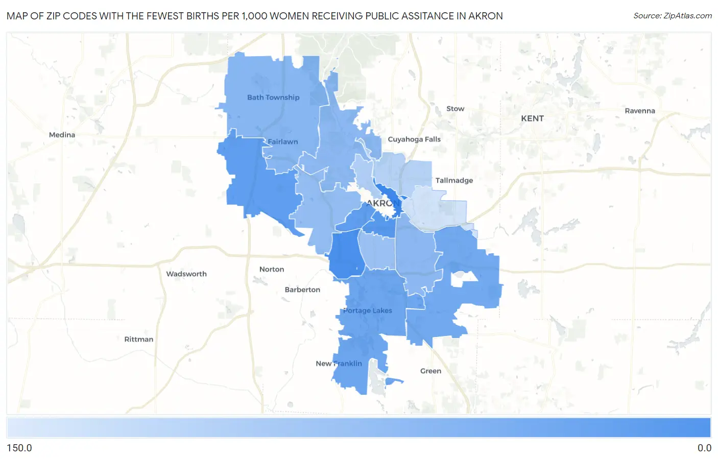 Zip Codes with the Fewest Births per 1,000 Women Receiving Public Assitance in Akron Map