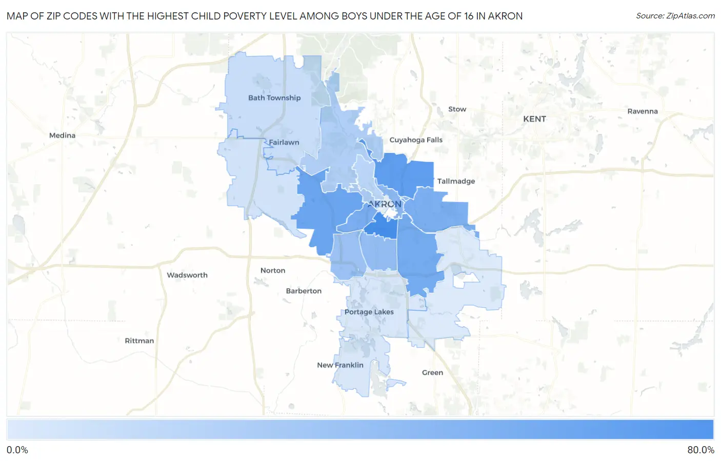 Zip Codes with the Highest Child Poverty Level Among Boys Under the Age of 16 in Akron Map