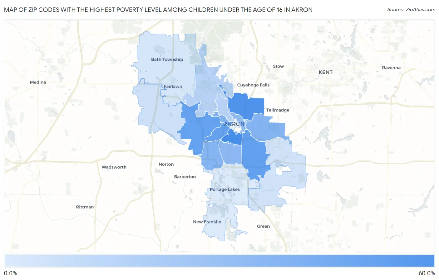 Zip Codes with the Highest Poverty Level Among Children Under the Age of 16 in Akron Map