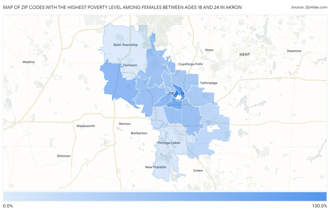Zip Codes with the Highest Poverty Level Among Females Between Ages 18 and 24 in Akron Map