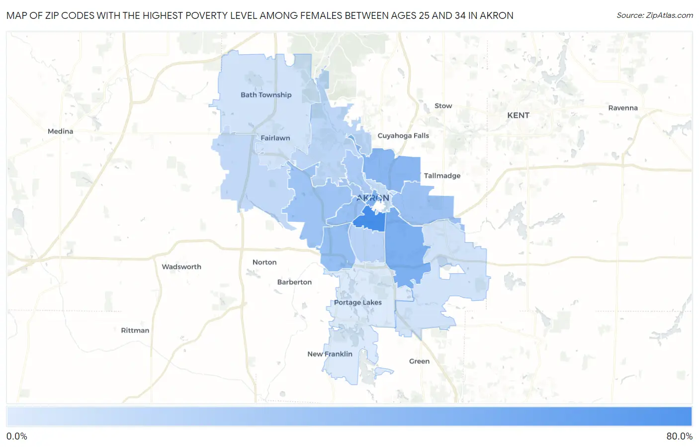Zip Codes with the Highest Poverty Level Among Females Between Ages 25 and 34 in Akron Map
