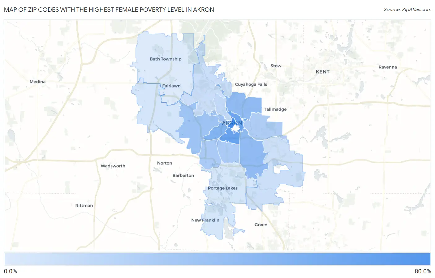 Zip Codes with the Highest Female Poverty Level in Akron Map