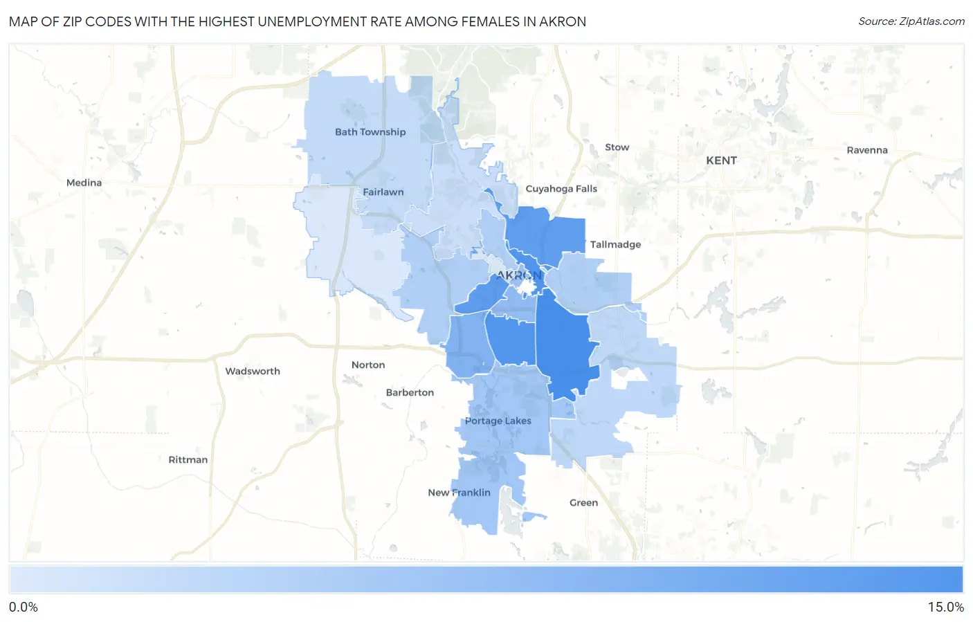 Zip Codes with the Highest Unemployment Rate Among Females in Akron Map