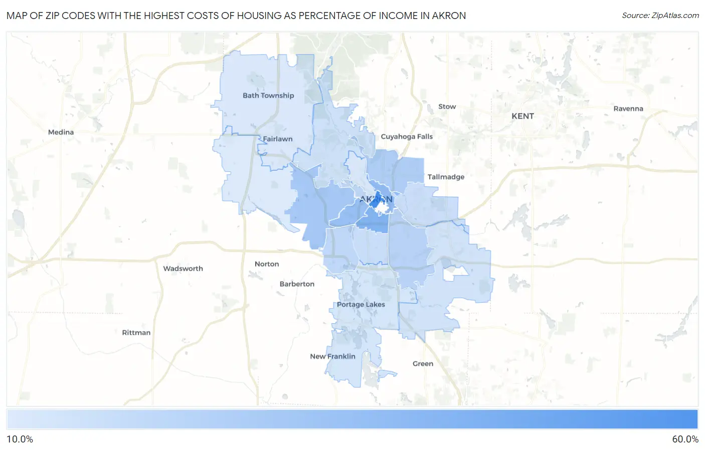 Zip Codes with the Highest Costs of Housing as Percentage of Income in Akron Map