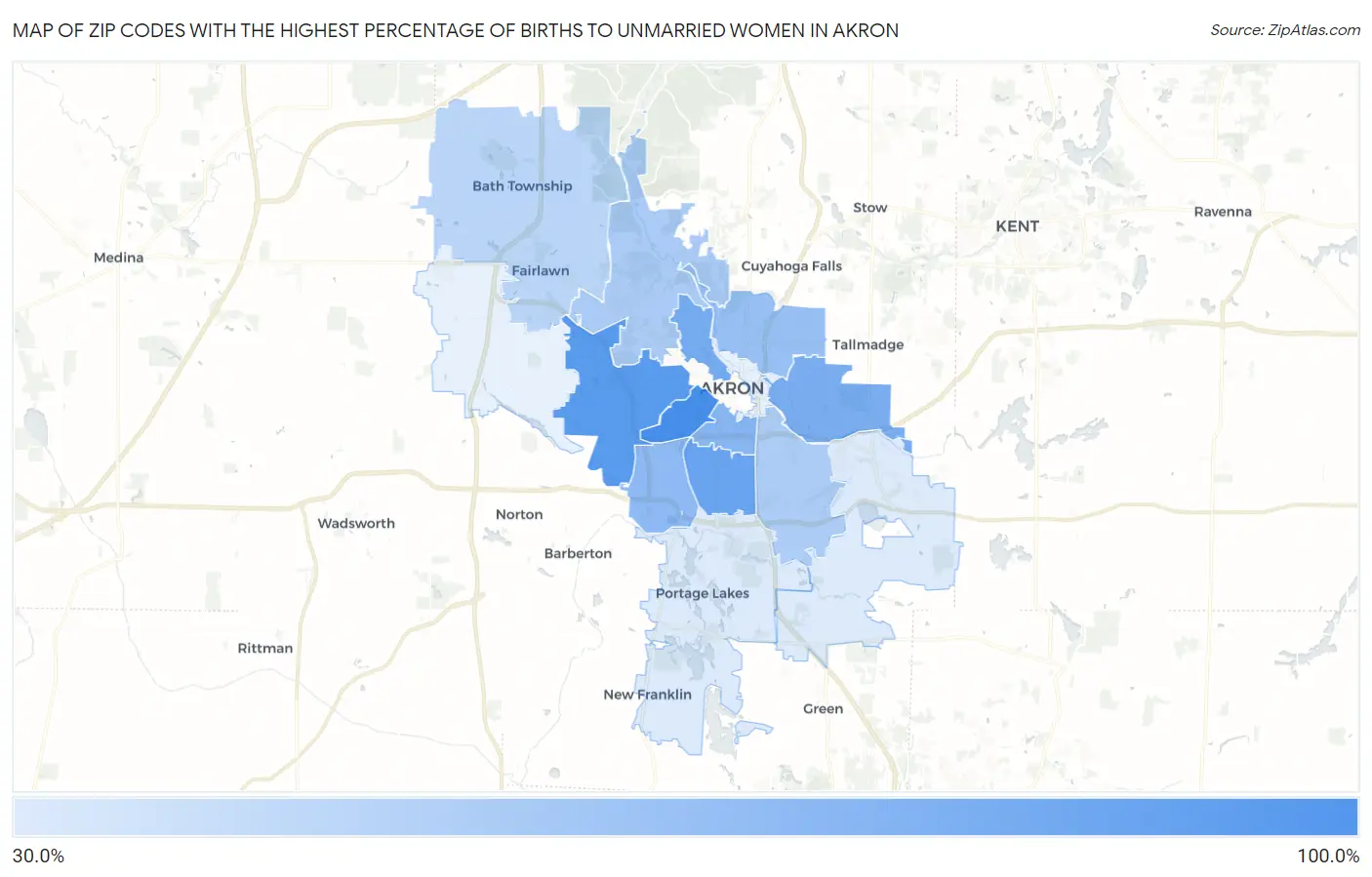 Zip Codes with the Highest Percentage of Births to Unmarried Women in Akron Map