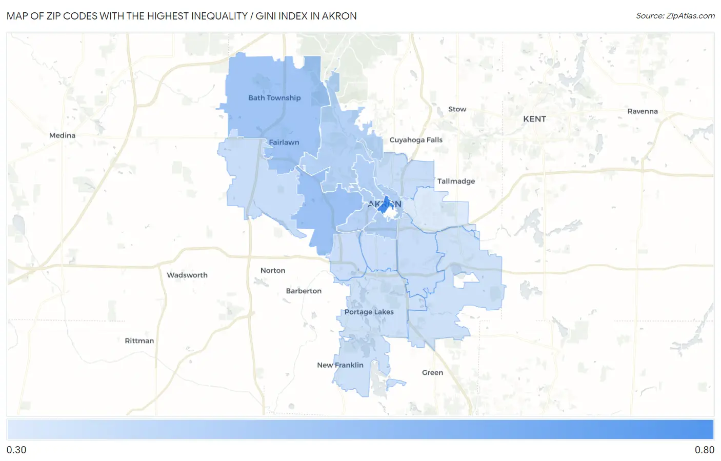 Zip Codes with the Highest Inequality / Gini Index in Akron Map