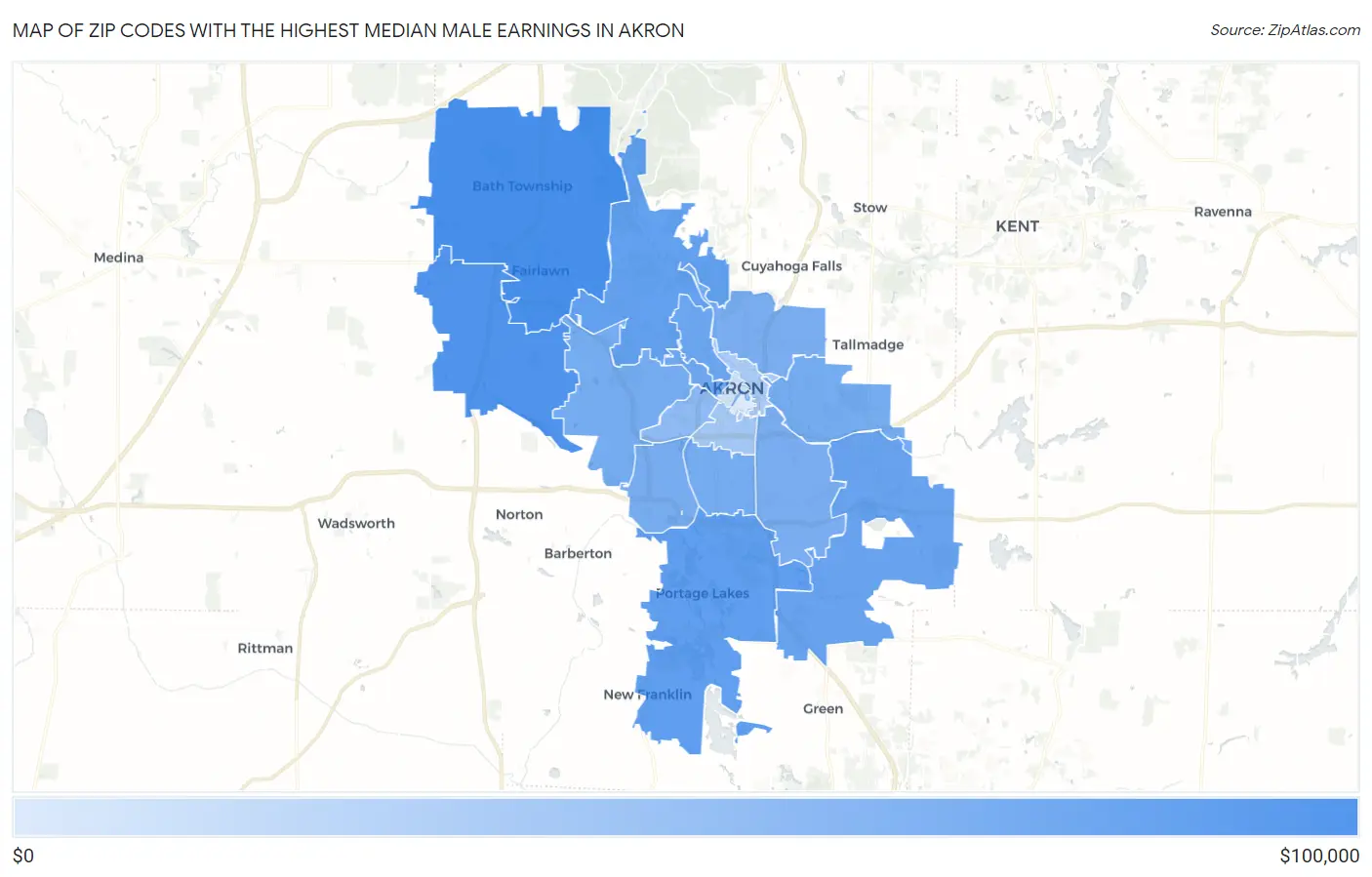 Zip Codes with the Highest Median Male Earnings in Akron Map
