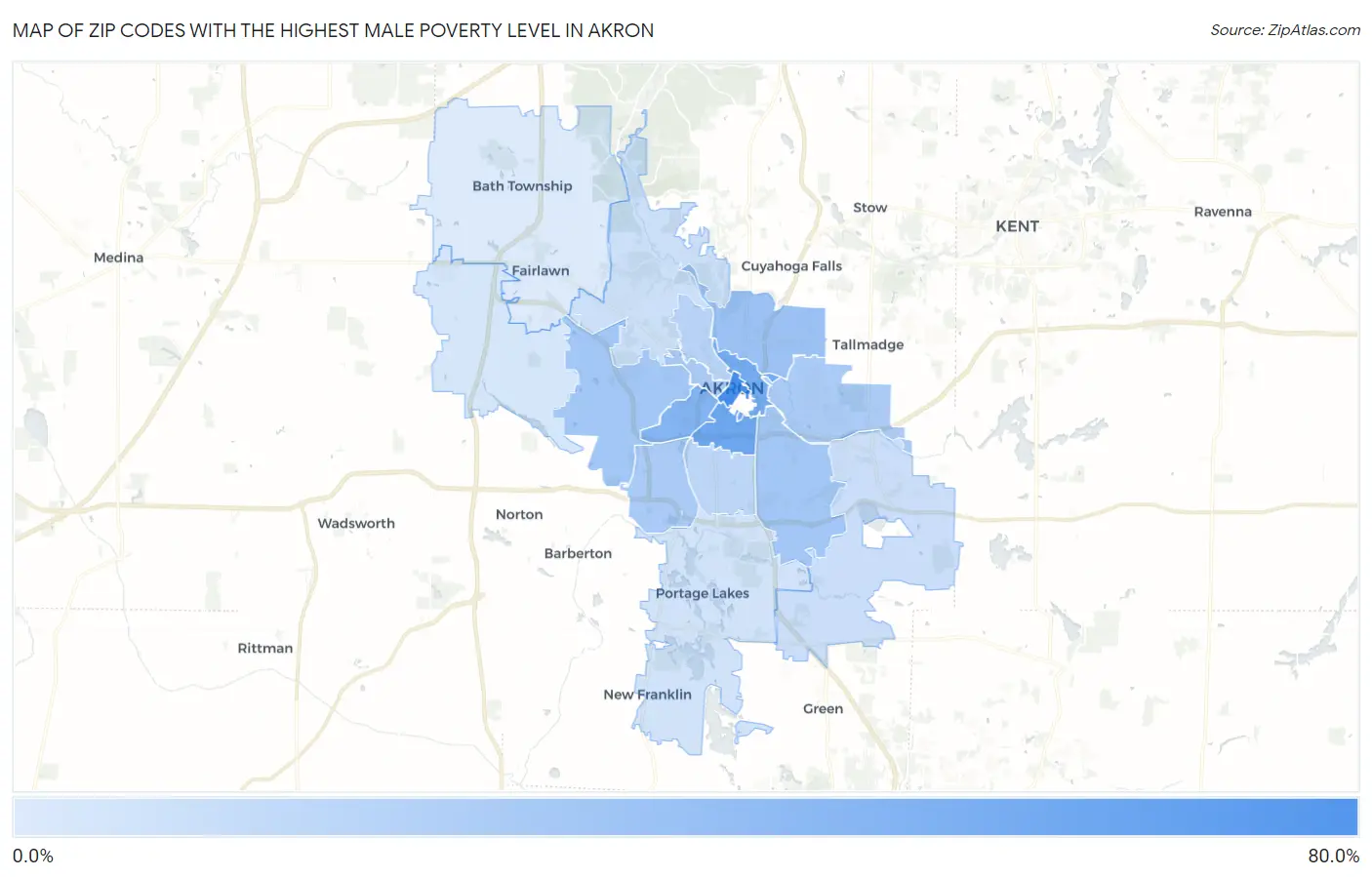 Zip Codes with the Highest Male Poverty Level in Akron Map