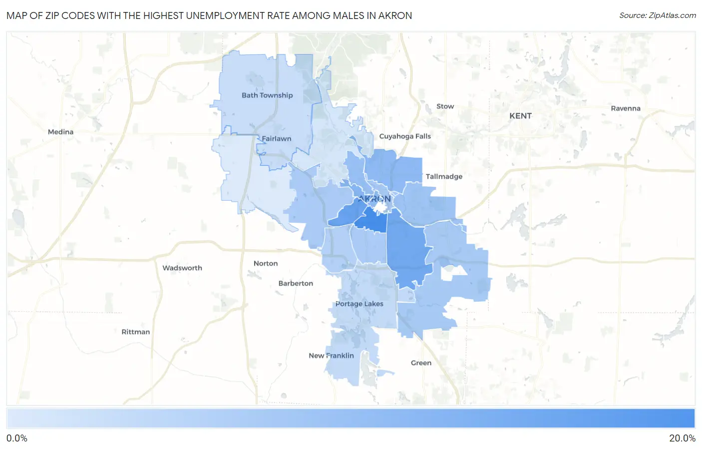 Zip Codes with the Highest Unemployment Rate Among Males in Akron Map