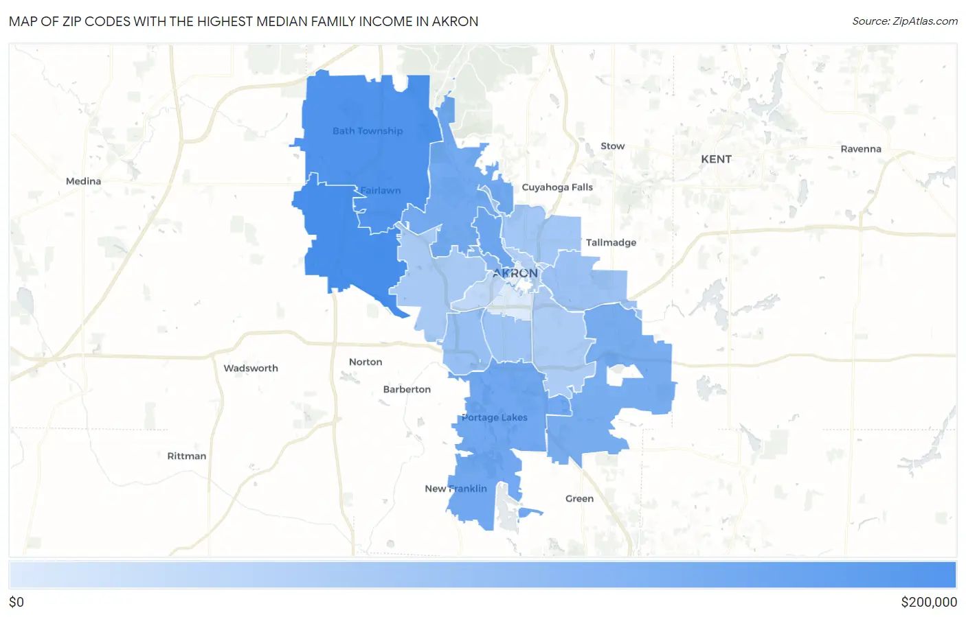 Zip Codes with the Highest Median Family Income in Akron Map