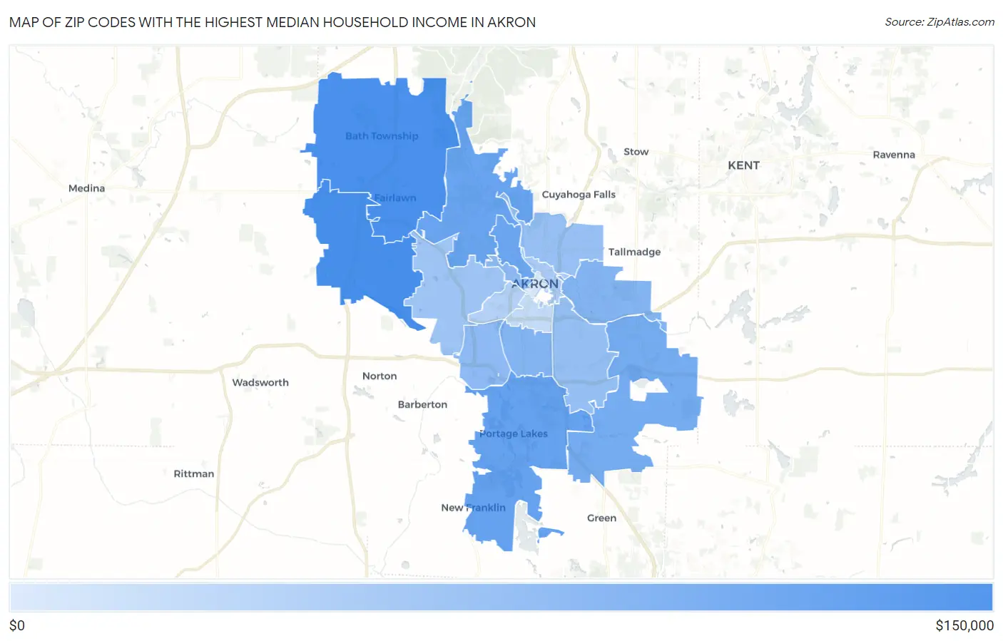 Zip Codes with the Highest Median Household Income in Akron Map