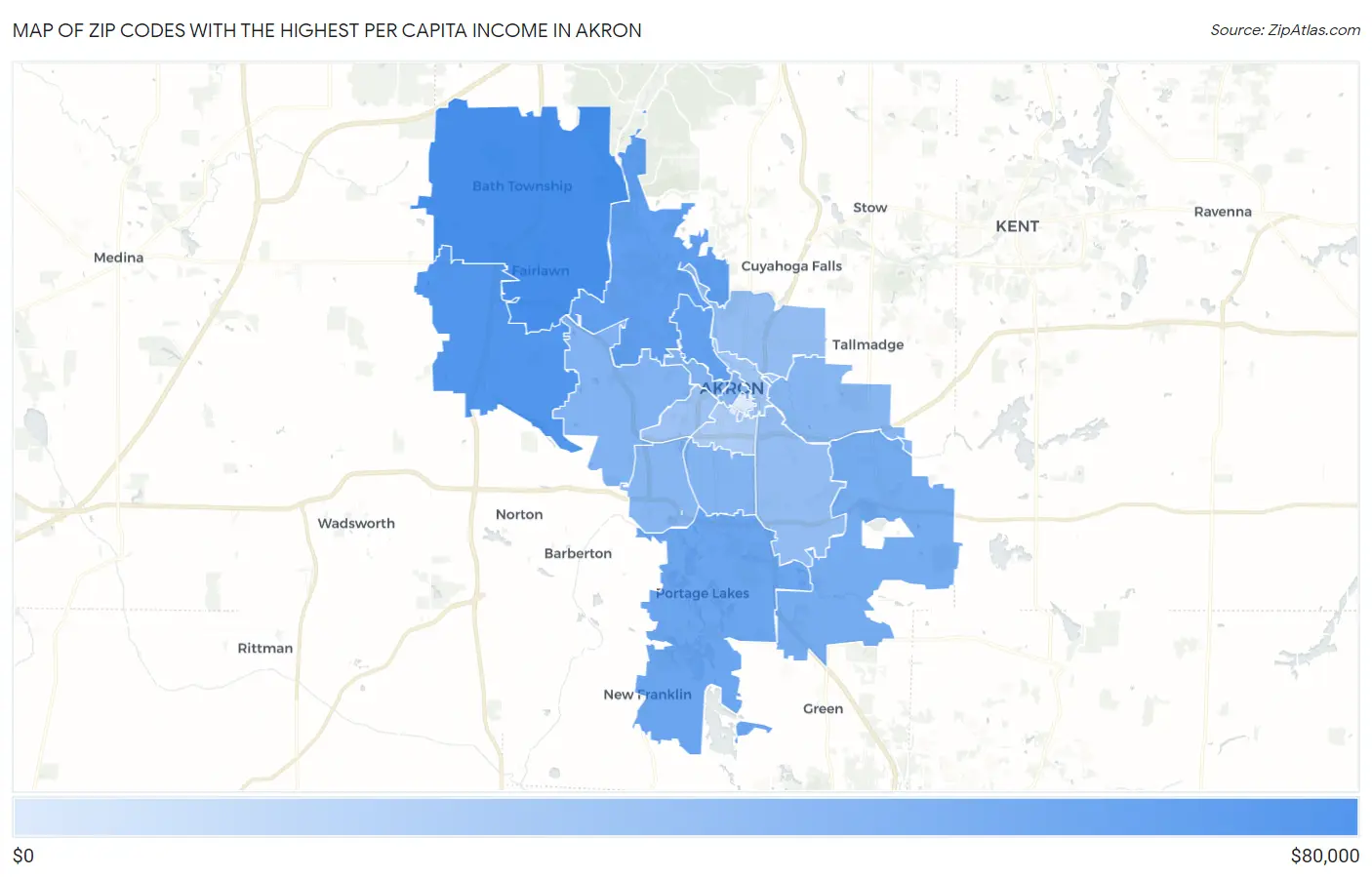 Zip Codes with the Highest Per Capita Income in Akron Map