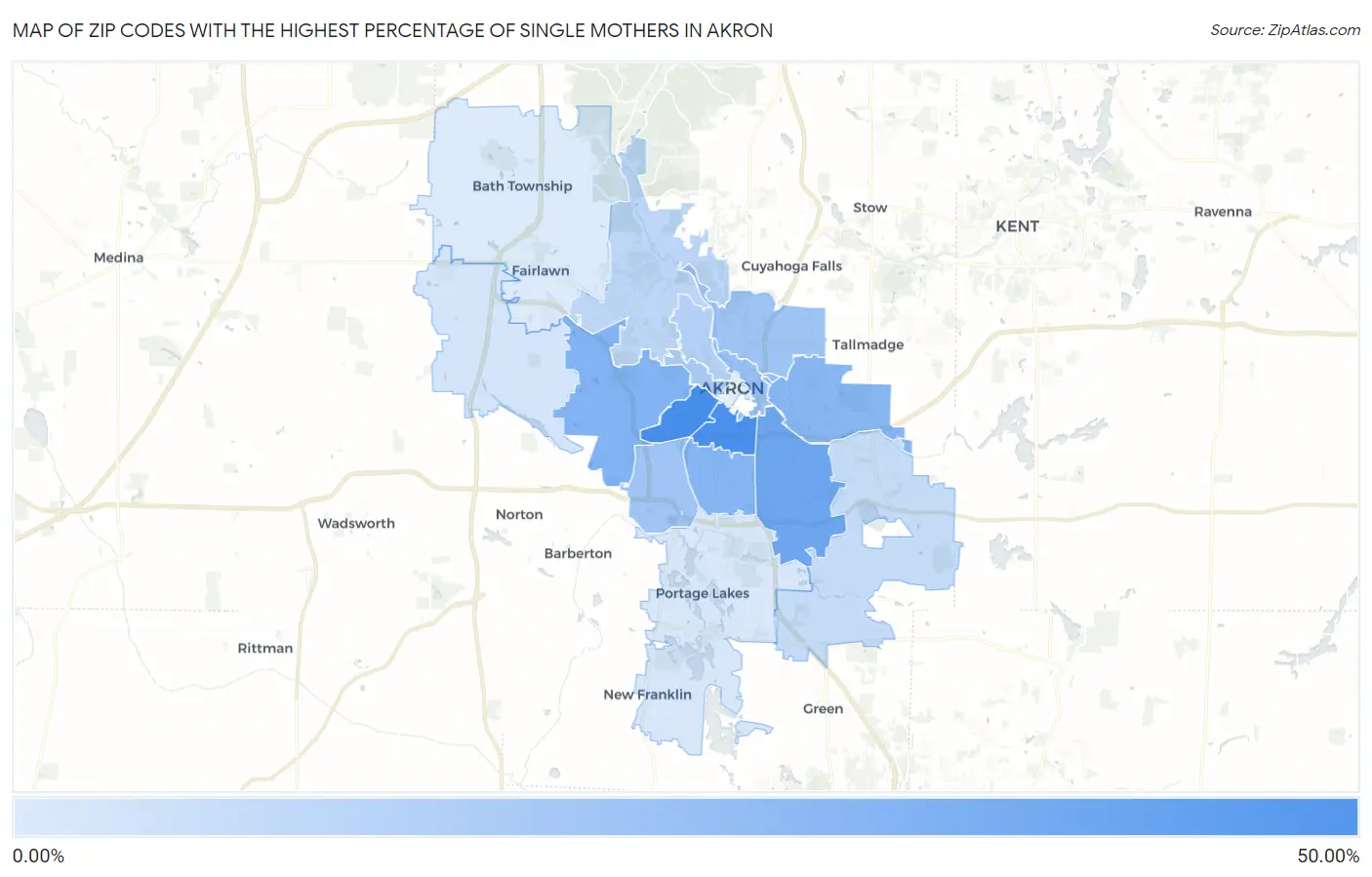 Zip Codes with the Highest Percentage of Single Mothers in Akron Map