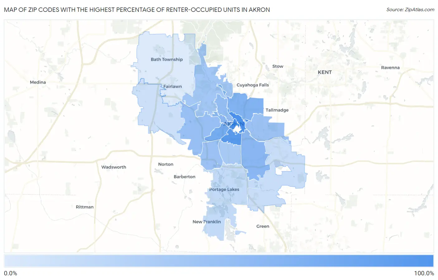 Zip Codes with the Highest Percentage of Renter-Occupied Units in Akron Map
