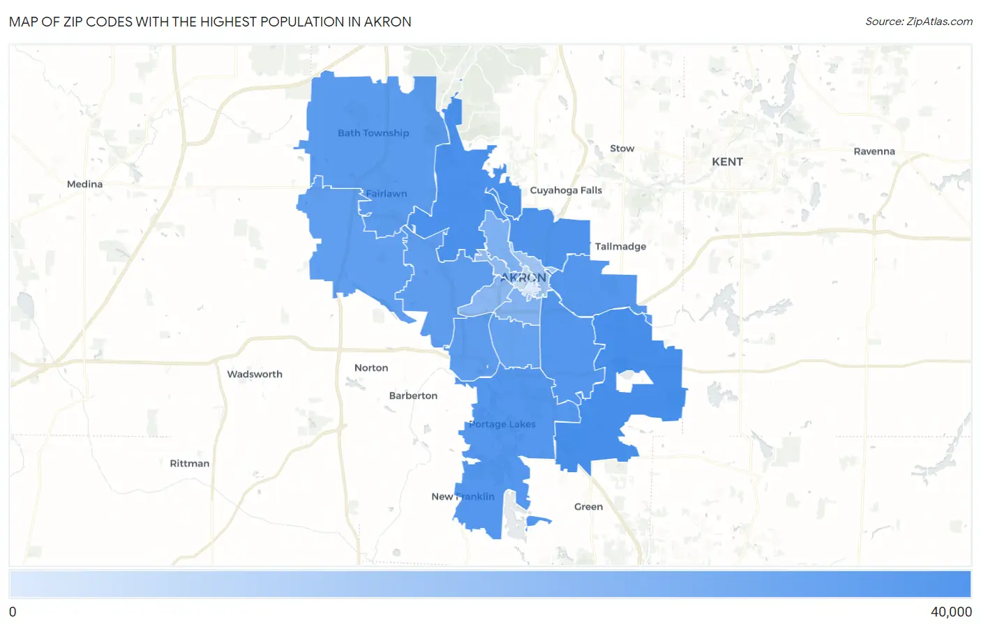 Zip Codes with the Highest Population in Akron Map