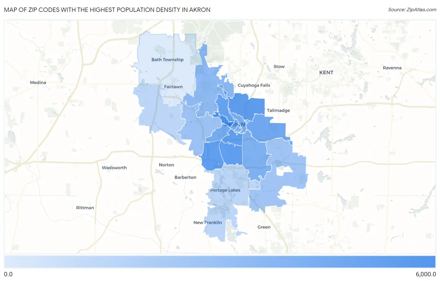 Zip Codes with the Highest Population Density in Akron Map