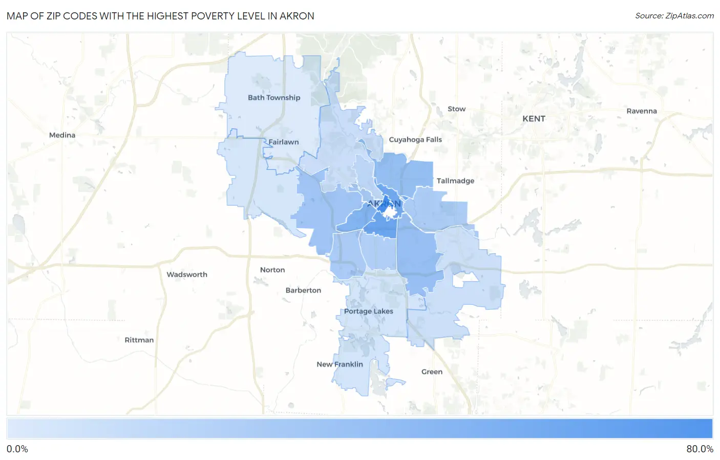 Zip Codes with the Highest Poverty Level in Akron Map