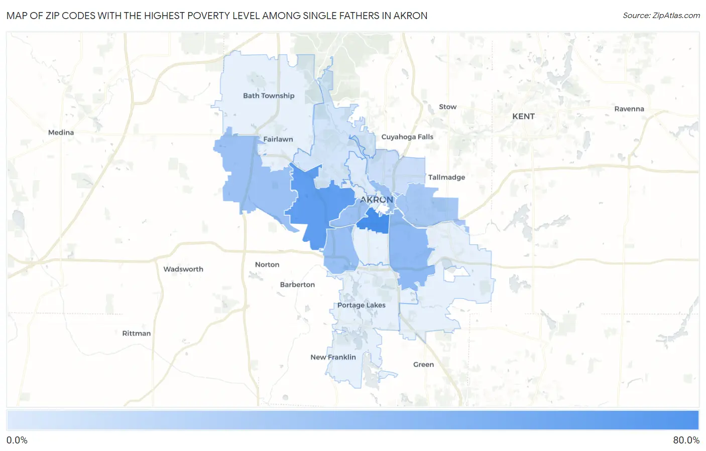 Zip Codes with the Highest Poverty Level Among Single Fathers in Akron Map