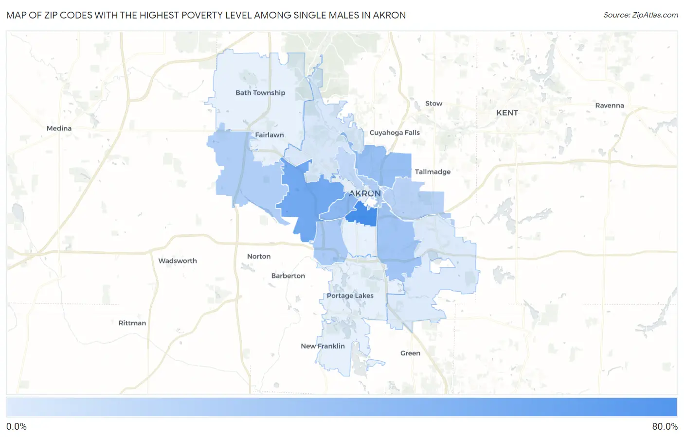 Zip Codes with the Highest Poverty Level Among Single Males in Akron Map