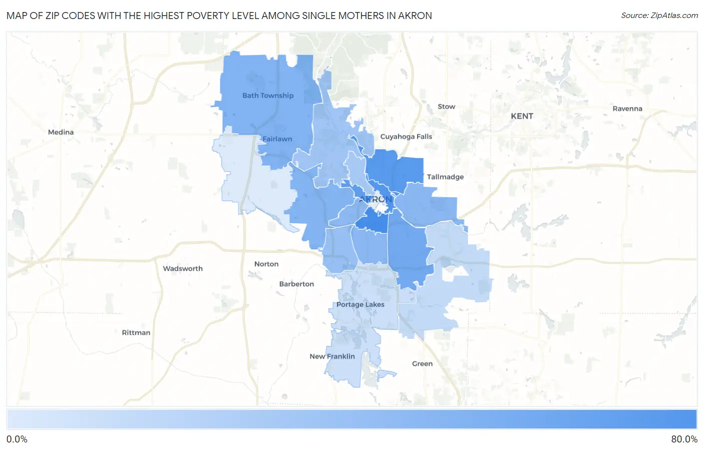 Zip Codes with the Highest Poverty Level Among Single Mothers in Akron Map
