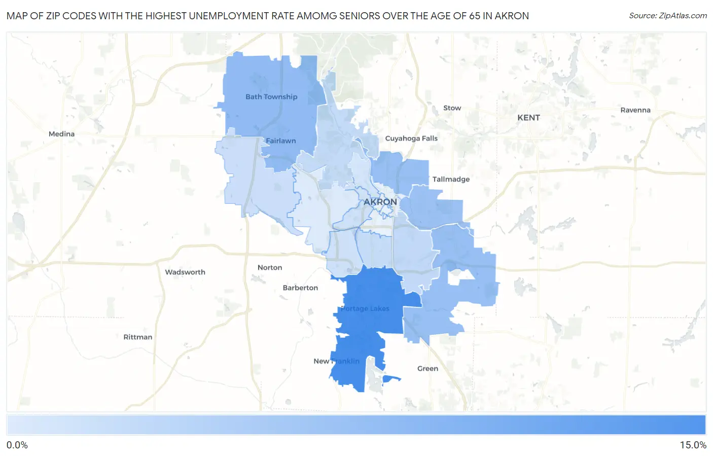 Zip Codes with the Highest Unemployment Rate Amomg Seniors Over the Age of 65 in Akron Map