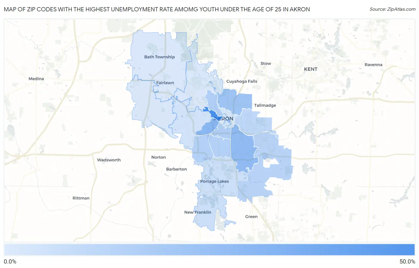 Zip Codes with the Highest Unemployment Rate Amomg Youth Under the Age of 25 in Akron Map