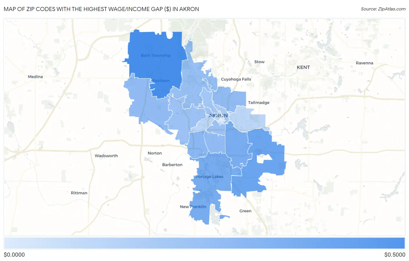 Zip Codes with the Highest Wage/Income Gap ($) in Akron Map