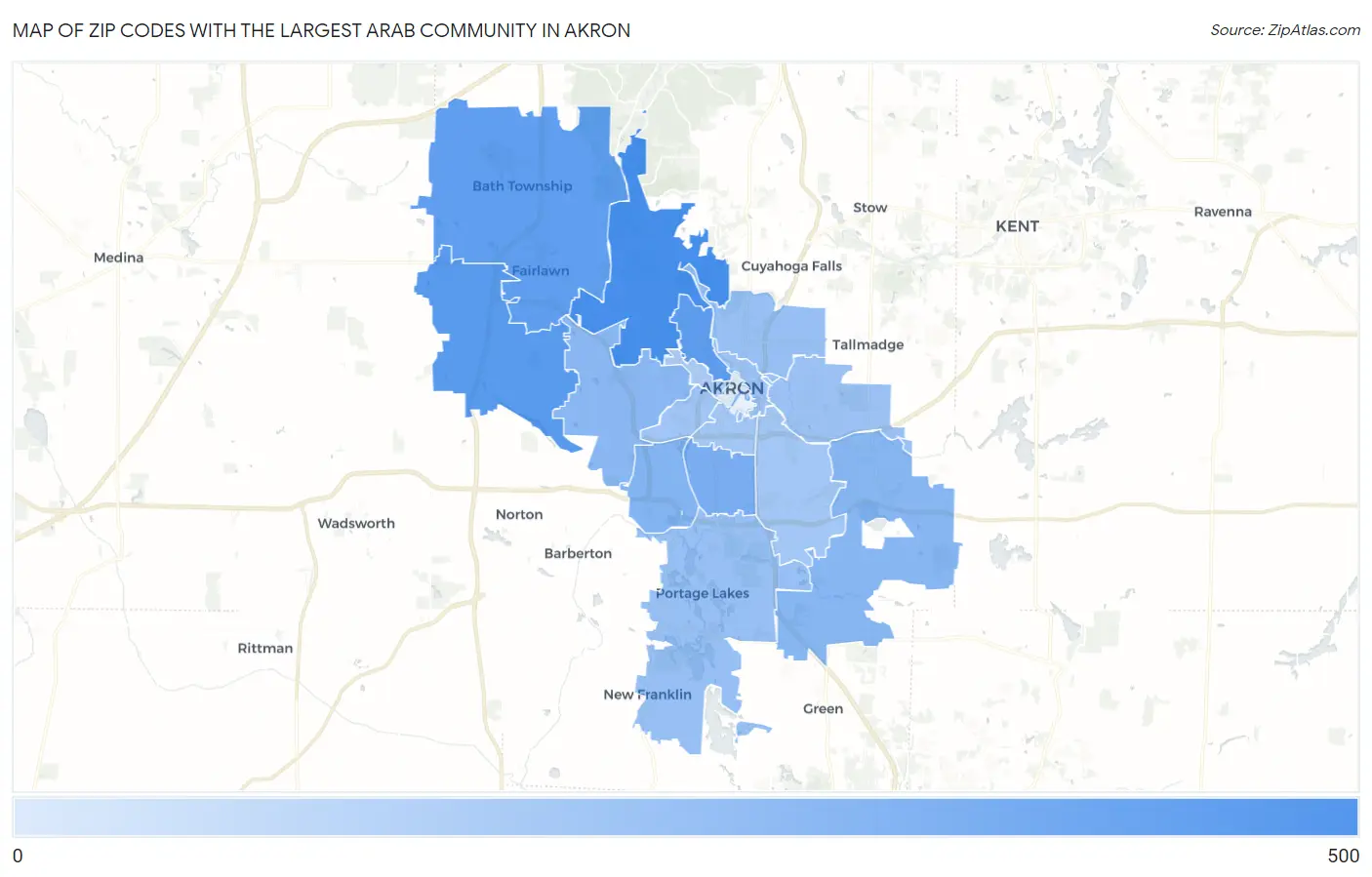 Zip Codes with the Largest Arab Community in Akron Map