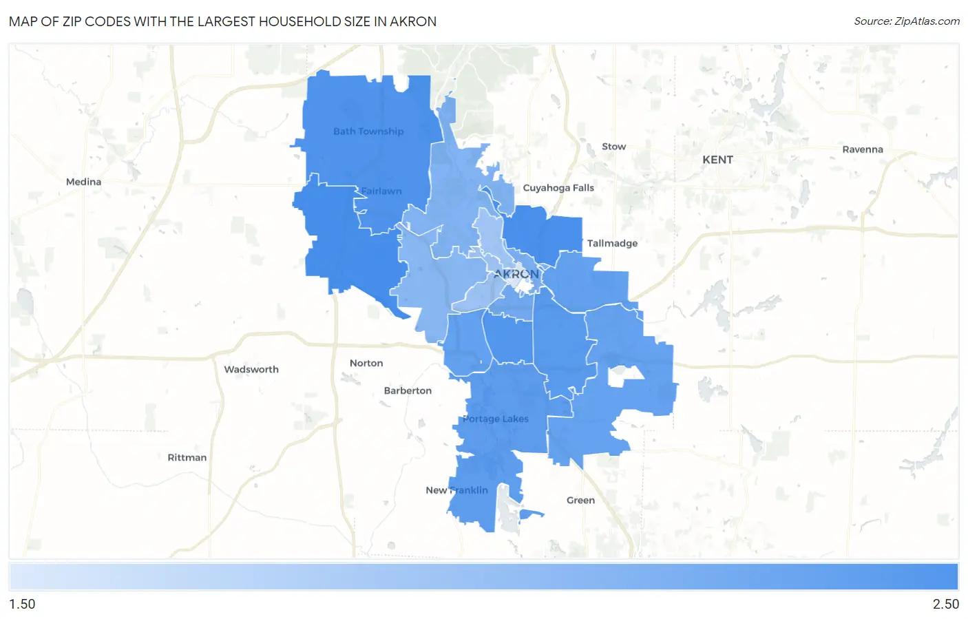 Zip Codes with the Largest Household Size in Akron Map