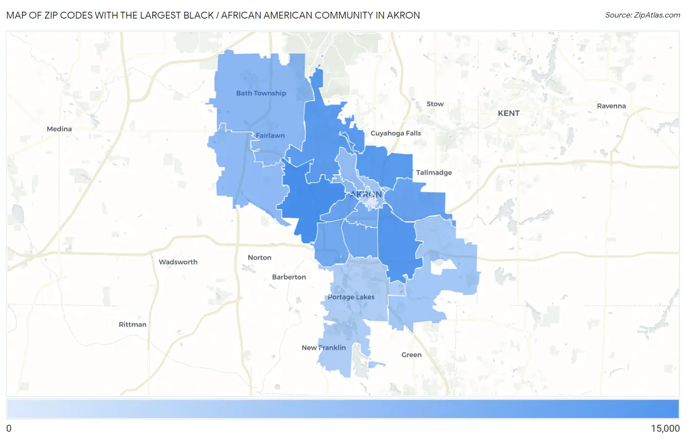 Zip Codes with the Largest Black / African American Community in Akron Map