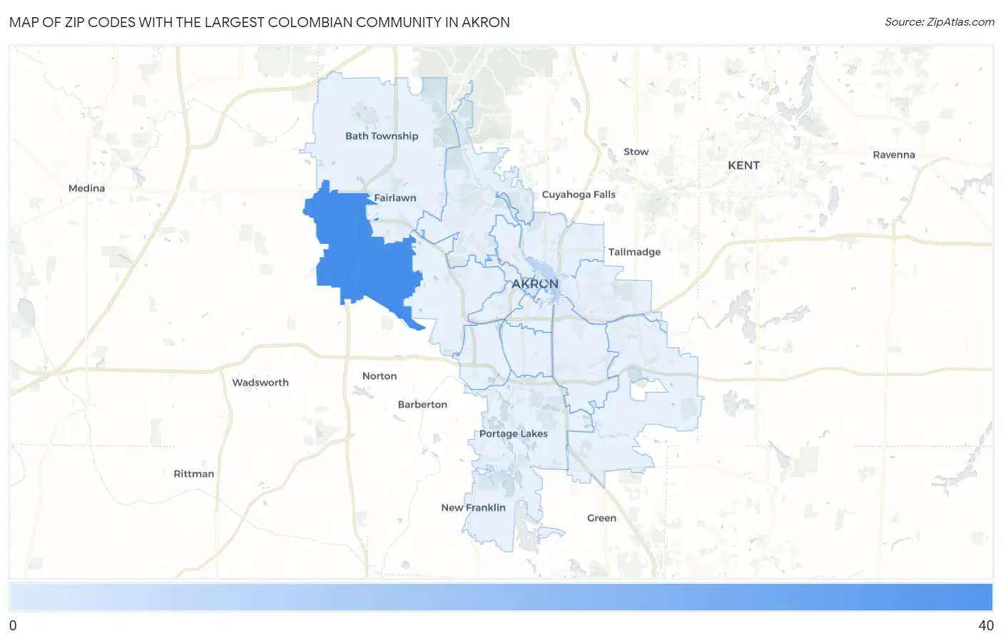 Zip Codes with the Largest Colombian Community in Akron Map