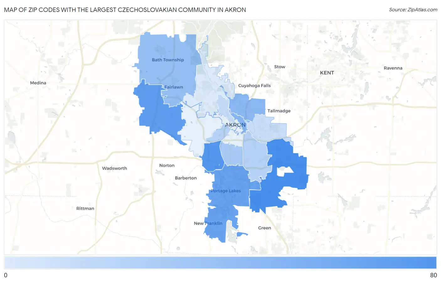 Zip Codes with the Largest Czechoslovakian Community in Akron Map