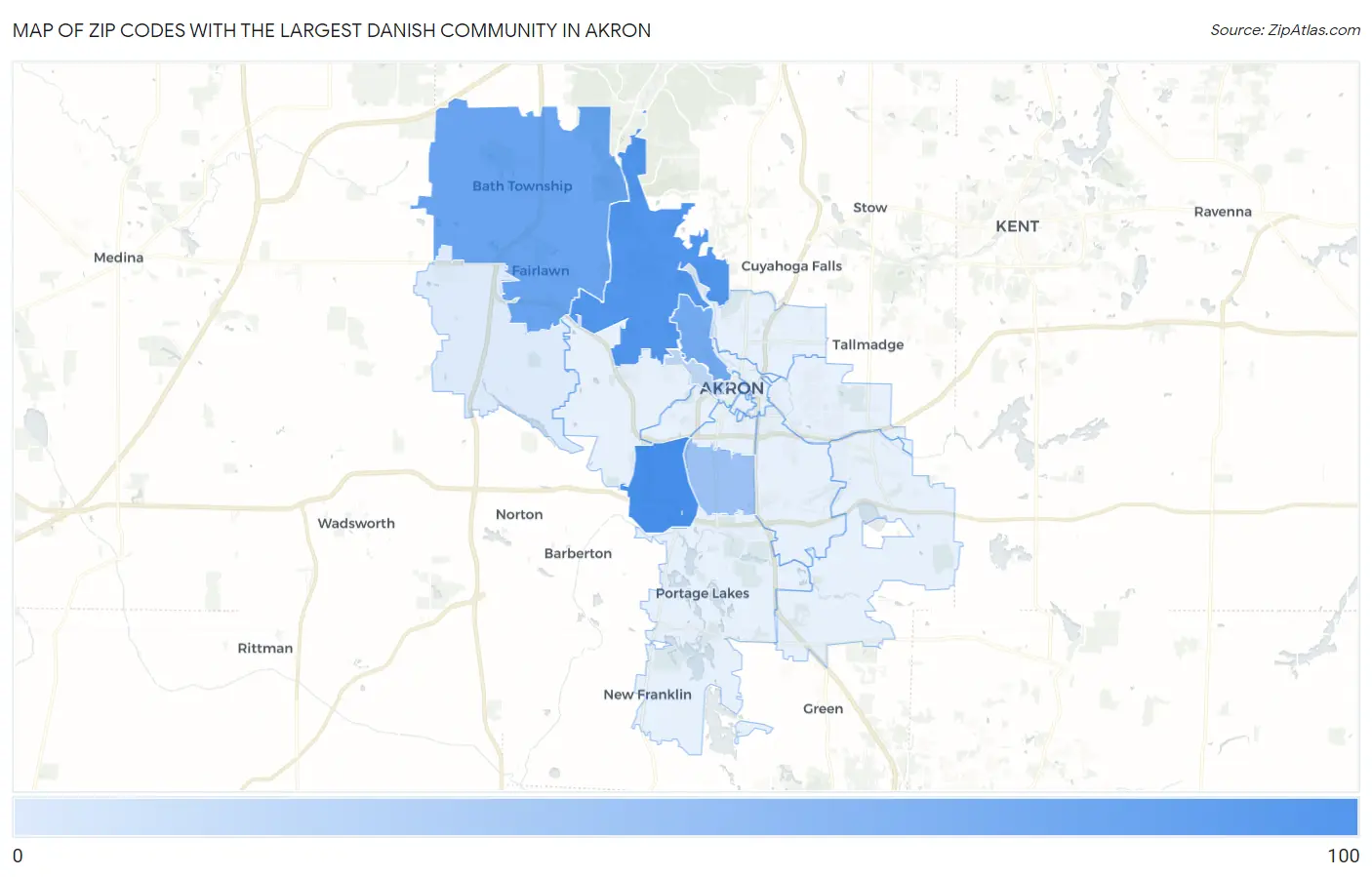 Zip Codes with the Largest Danish Community in Akron Map