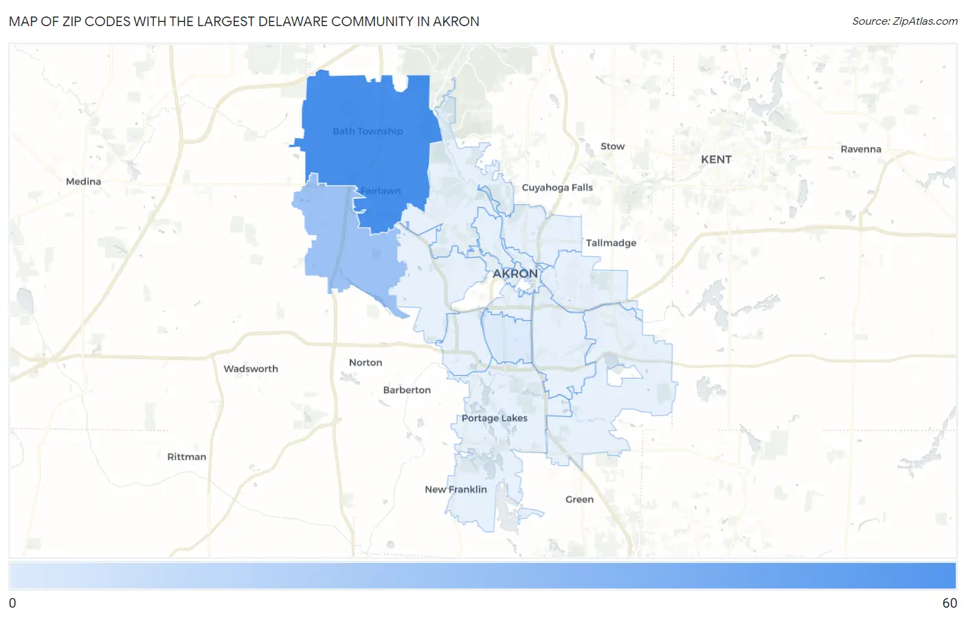 Zip Codes with the Largest Delaware Community in Akron Map