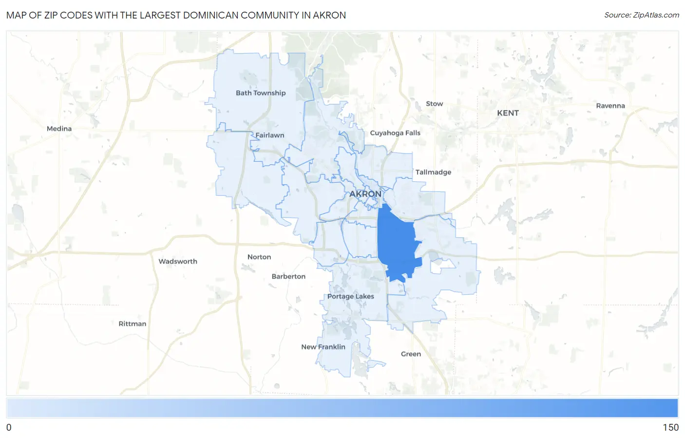 Zip Codes with the Largest Dominican Community in Akron Map