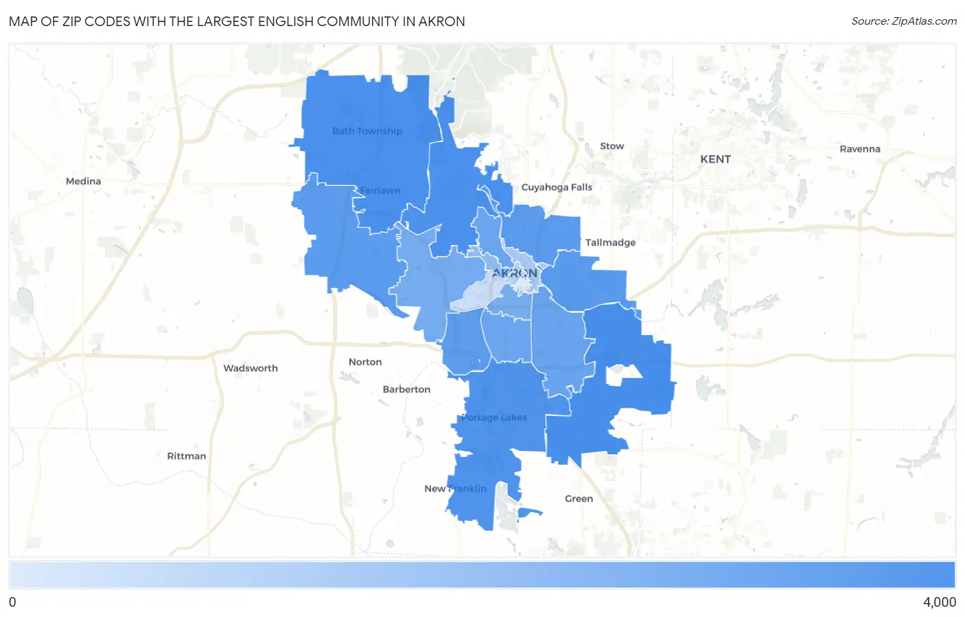 Zip Codes with the Largest English Community in Akron Map