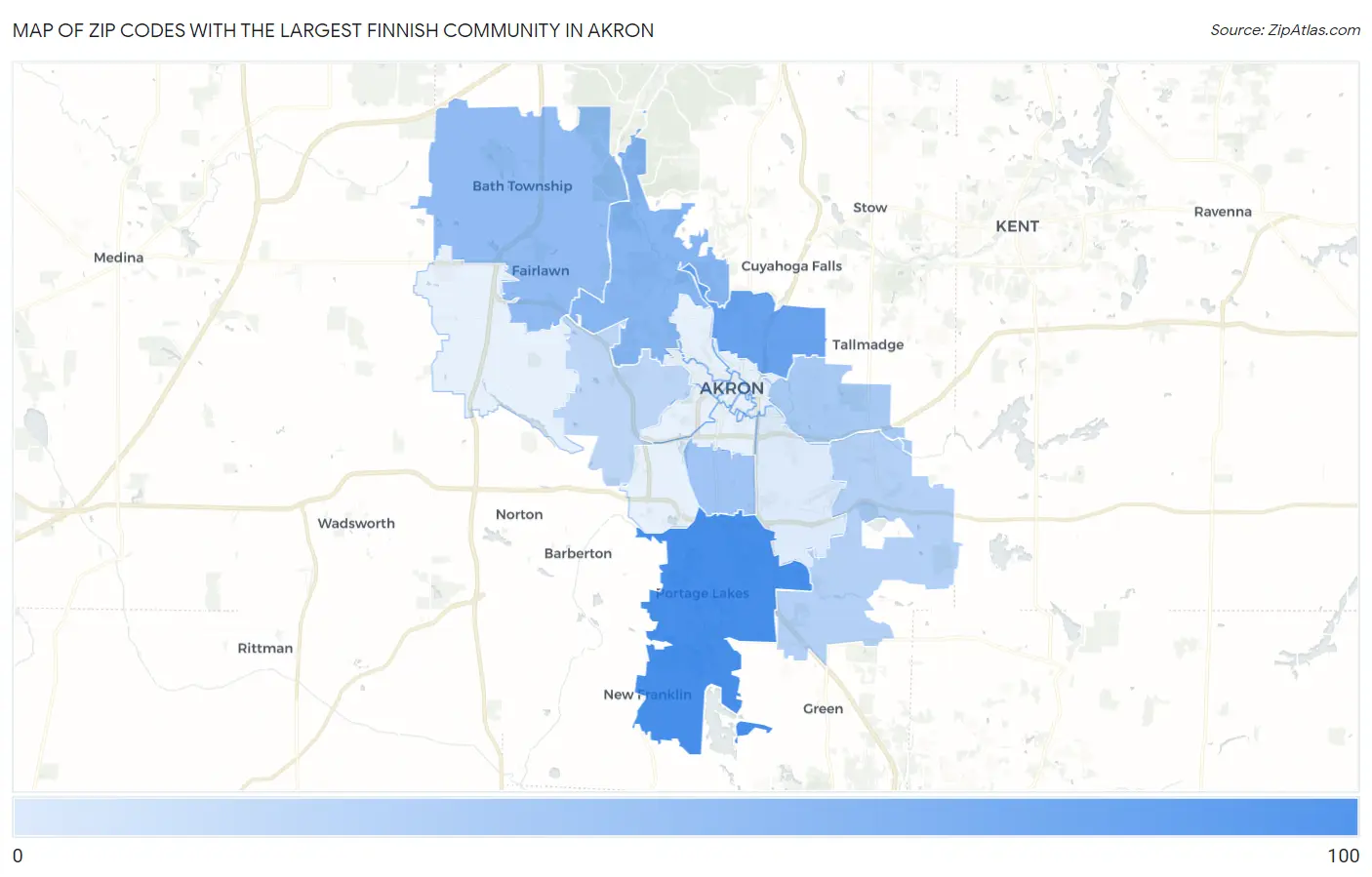 Zip Codes with the Largest Finnish Community in Akron Map